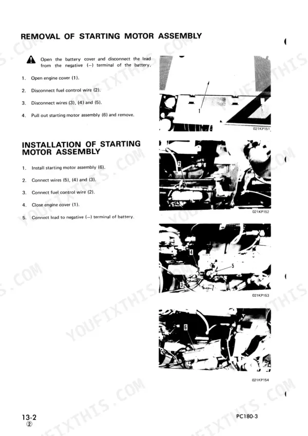 Komatsu PC180-3 starting motor assembly removal and installation steps.
