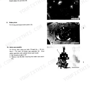 Komatsu PC180-3 service manual: brake piston and case assembly procedure.