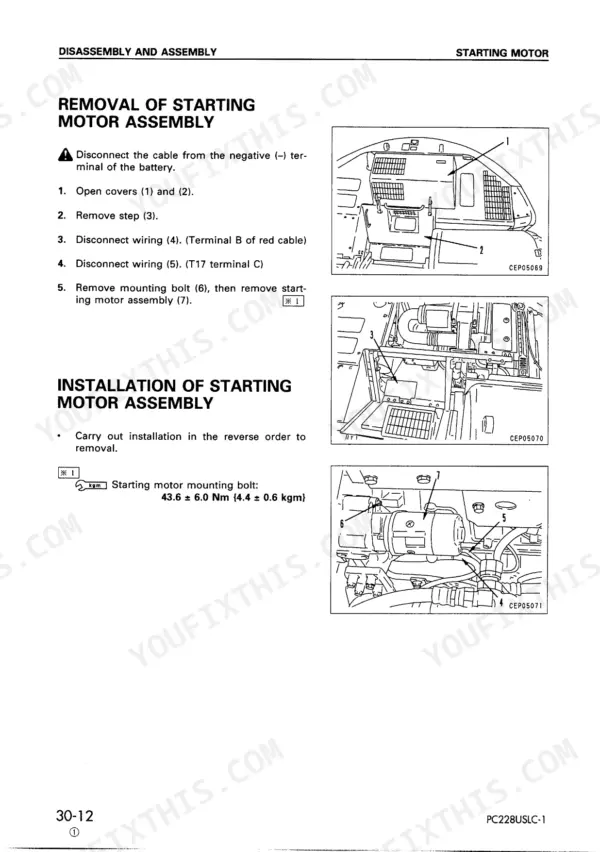 Komatsu PC228US-2, PC228USLC-1, PC228USLC-2 starting motor removal and installation procedure with torque specifications.