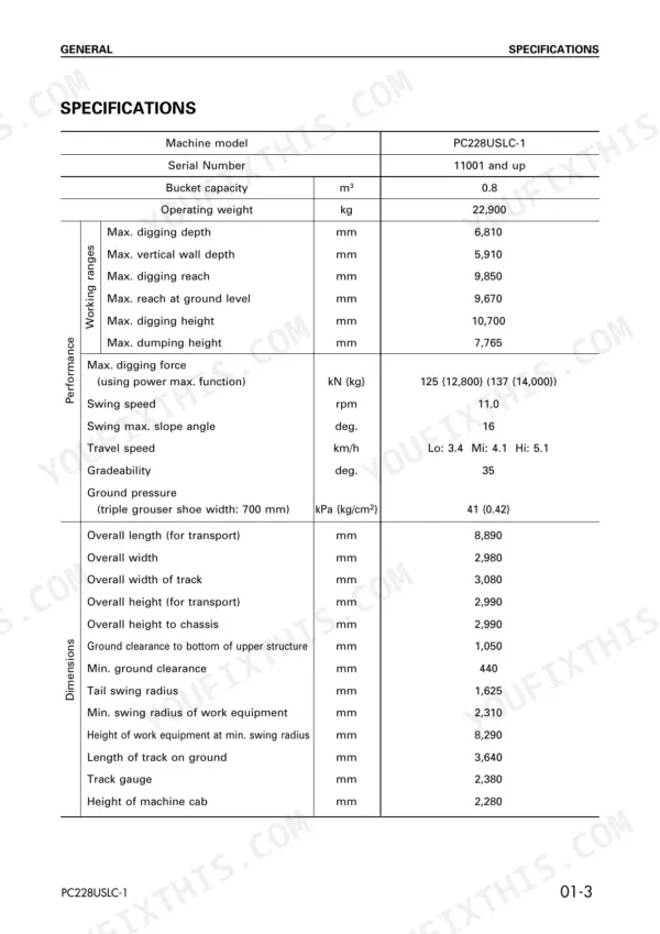 Komatsu PC228US-2, PC228USLC-1, PC228USLC-2 technical specifications table including dimensions and performance.