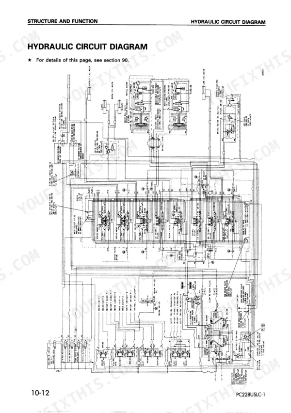 Komatsu PC228US-2, PC228USLC-1, PC228USLC-2 hydraulic circuit diagram showing pumps, control valves, and cylinders.