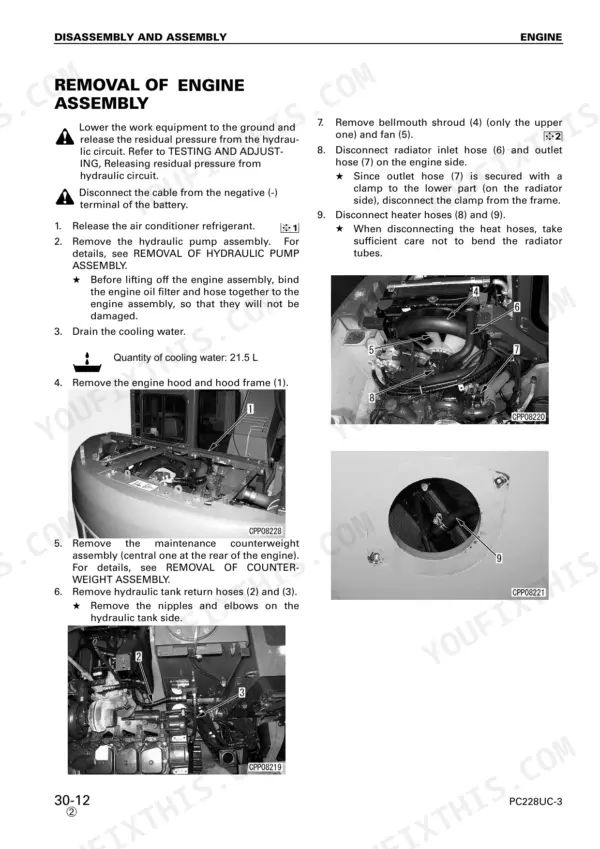 Komatsu PC228US-3, PC228USLC-3 engine assembly removal procedure with diagrams of hood, fan, and hose components.