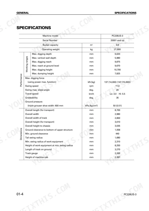 Komatsu PC228US-3, PC228USLC-3 specifications table showing working ranges, performance metrics, and machine dimensions.