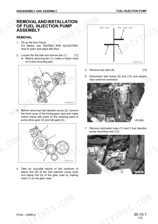 Komatsu PC27MR-2, PC30MR-2, PC35MR-2, PC40MR-2, PC50MR-2 fuel injection pump removal and installation procedure diagrams.