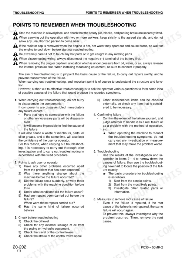 Komatsu PC27MR-2, PC30MR-2, PC35MR-2, PC40MR-2, PC50MR-2 troubleshooting safety guidelines and diagnostic procedures.