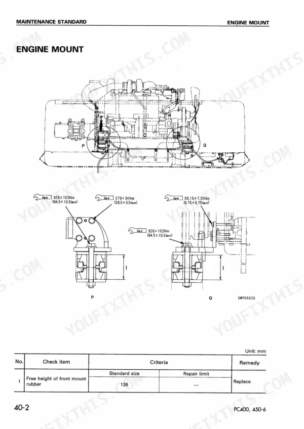 Komatsu PC400-6, PC400LC-6, PC450-6, PC450LC-6 engine mount diagram with torque specifications and maintenance standard table.