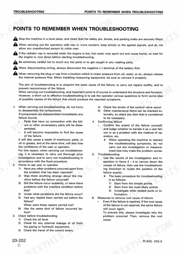 Komatsu PC400-6, PC400LC-6, PC450-6, PC450LC-6 shop manual page detailing safety precautions and procedures for troubleshooting.