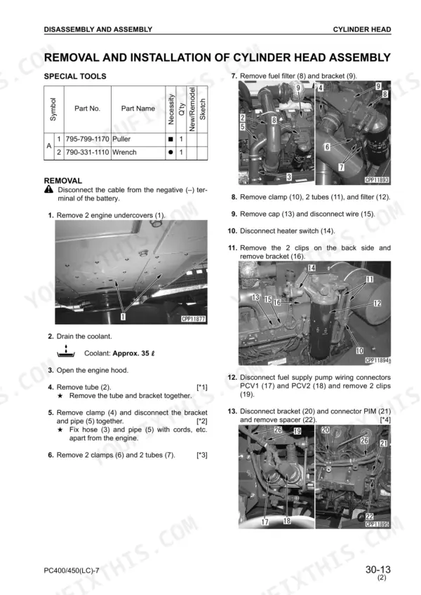 Komatsu PC400-7, PC400LC-7, PC450-7, PC450LC-7 cylinder head assembly removal and installation procedure with component photos.