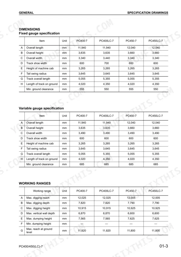 Komatsu PC400-7, PC400LC-7, PC450-7, PC450LC-7 specification tables for fixed/variable gauge dimensions and working ranges.