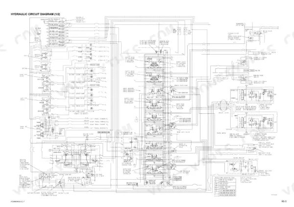 Komatsu PC400-7, PC400LC-7, PC450-7, PC450LC-7 hydraulic circuit diagram showing valves, cylinders, and pressure settings.