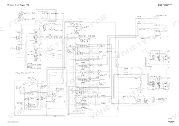 Komatsu PC45MR-3, PC55MR-3 hydraulic circuit diagram showing PPC valves, control valves, travel motors, and cylinders.