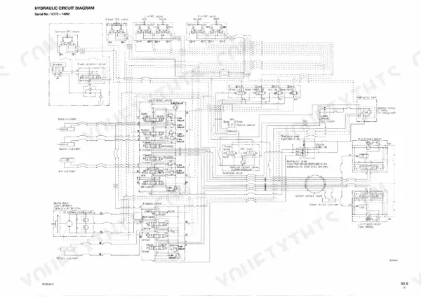 Komatsu PC50UU-2 hydraulic circuit diagram showing 6-spool and 4-spool valves, cylinders, and travel motors.