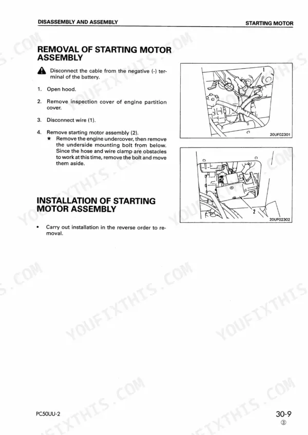 Komatsu PC50UU-2 starting motor assembly removal and installation procedure with component diagrams.