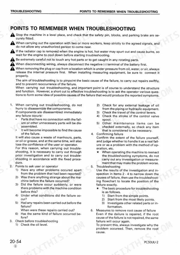 Komatsu PC50UU-2 troubleshooting manual page detailing safety precautions and systematic diagnostic procedures for machine failure.