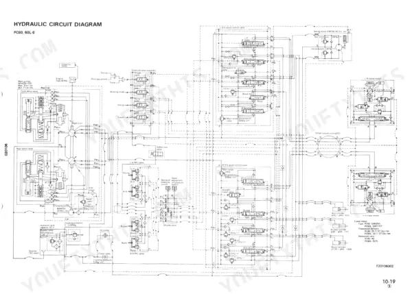 Komatsu PC60-6, PC60L-6, PC90-1 hydraulic circuit diagram showing main pumps, control valves, and travel motor components.