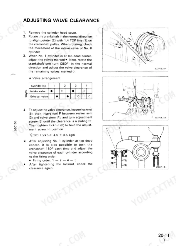 Komatsu PC60-6, PC60L-6, PC90-1 valve clearance adjustment procedure, crankshaft alignment, and rocker arm adjustment diagrams.