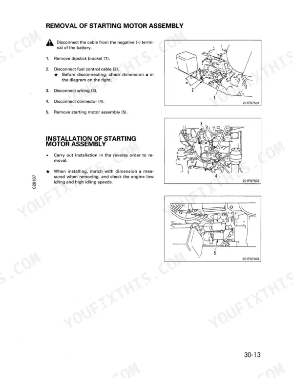 Komatsu PC60-7 starting motor assembly removal and installation procedure with component diagrams and numbered parts.