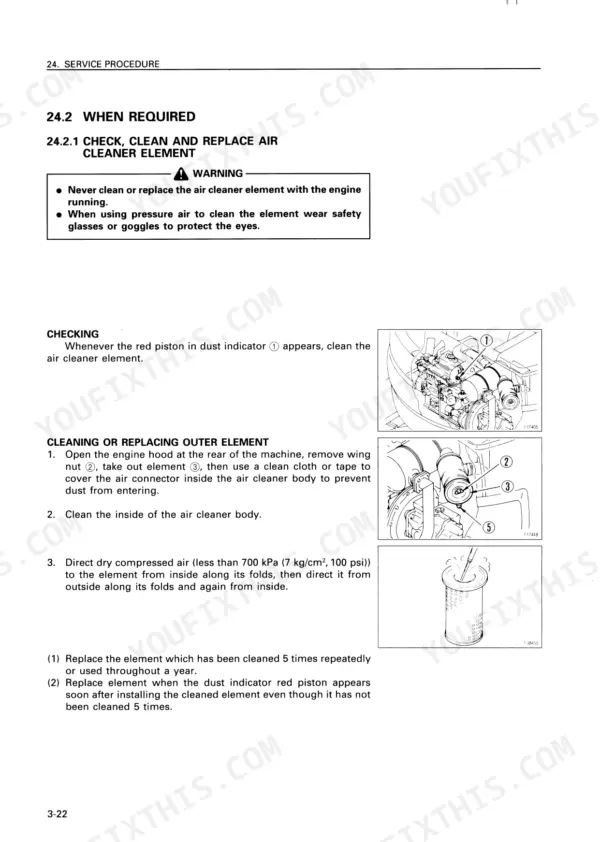 Komatsu PC75UU-2 service procedure for checking, cleaning, and replacing the air cleaner element with diagrams.
