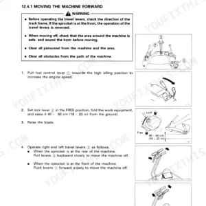 Komatsu PC75UU-2 operation manual page for moving the machine forward using travel levers, fuel control, and lock lever.