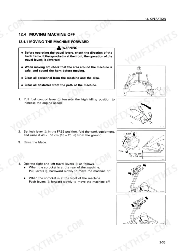 komatsu-pc75uu-2-hydraulic-excavator-operator-manual-seam005600-operations-74.webp Komatsu PC75UU-2 operation manual page for moving the machine forward using travel levers, fuel control, and lock lever.