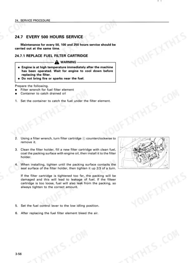 Komatsu PC75UU-2 service procedure for replacing the 500-hour fuel filter cartridge with engine diagram.