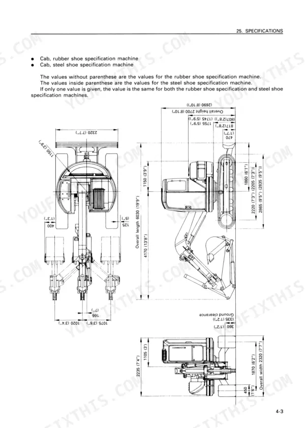 Komatsu PC75UU-2 specifications page showing top, side, and front view dimensional diagrams for rubber and steel shoe models.