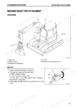 komatsu-pc78us-6-hydraulic-excavator-operation-maintenance-manual-seam044602t-attachments-268.webp Komatsu PC78US-6 diagram showing machine ready for attachment locations and stop valve operation procedure.