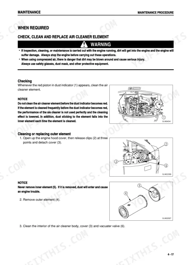 Komatsu PC78US-6 maintenance procedure for checking, cleaning, and replacing the air cleaner element with diagrams.