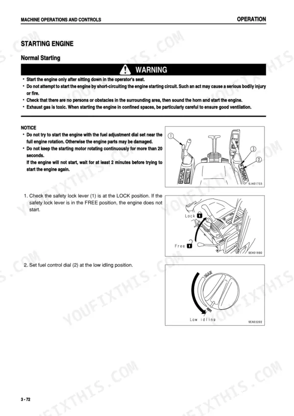Komatsu PC78US-6 engine starting procedure, safety lock lever operation, and fuel control dial settings for normal startup.