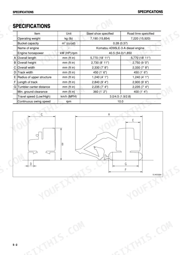 Komatsu PC78US-6 specifications table and dimension diagram for steel and road liner shoe configurations.