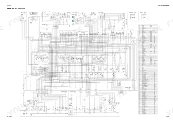 komatsu-pc80mr-3-hydraulic-excavator-shop-manual-webm008601-wiring-299.webp Komatsu PC80MR-3 electrical wiring diagram showing engine, monitor, and cabin harness connections with component index table.