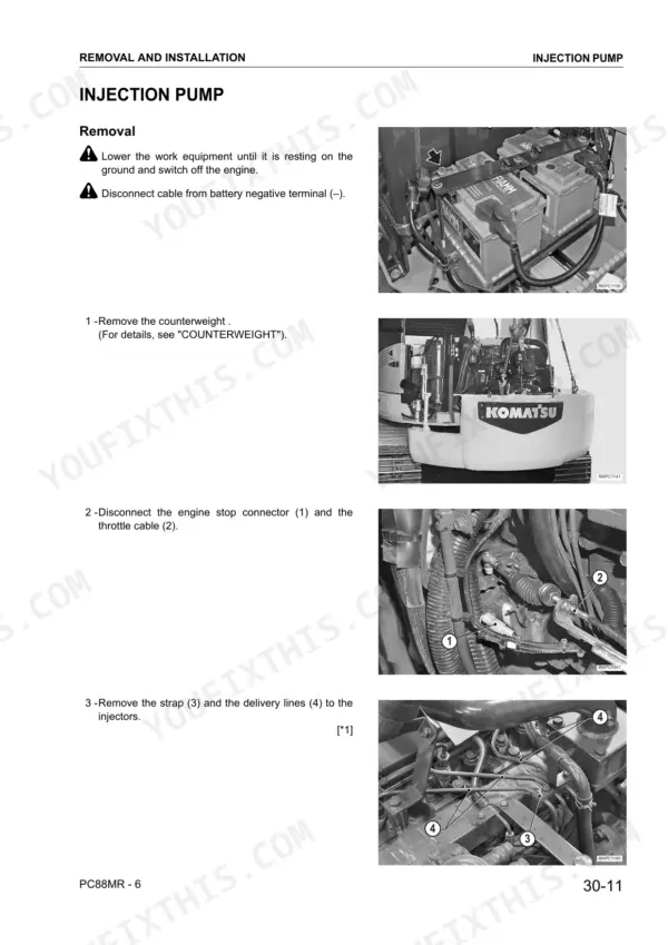 Komatsu PC88MR-6 injection pump removal procedure steps, battery, counterweight, and engine connector photos.