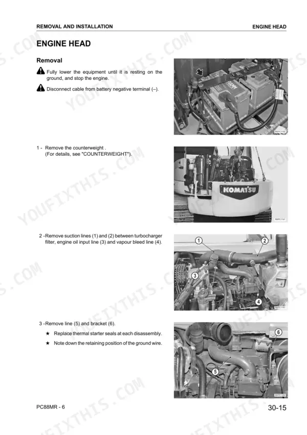 Komatsu PC88MR-6 engine head removal procedure, showing battery, counterweight, suction lines, and bracket disassembly steps.