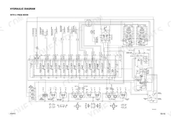 Komatsu PC95R-2 hydraulic diagram for 2-piece boom showing cylinders, travel motors, control valves, and solenoid valve group.
