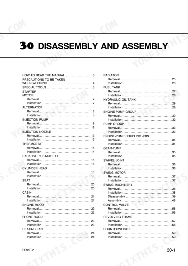 Komatsu PC95R-2 Disassembly and Assembly table of contents for engine, hydraulic, and structural components.