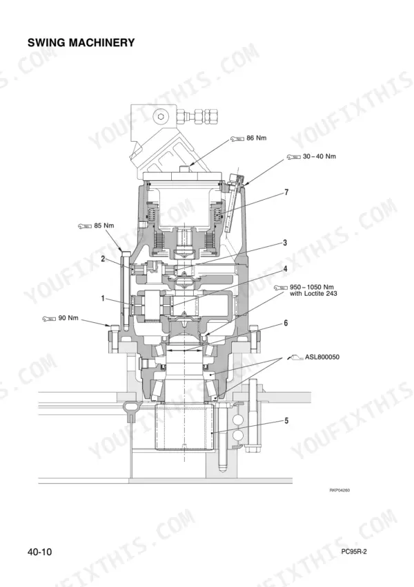 Komatsu PC95R-2 swing machinery exploded view diagram with torque specifications for assembly bolts and components.