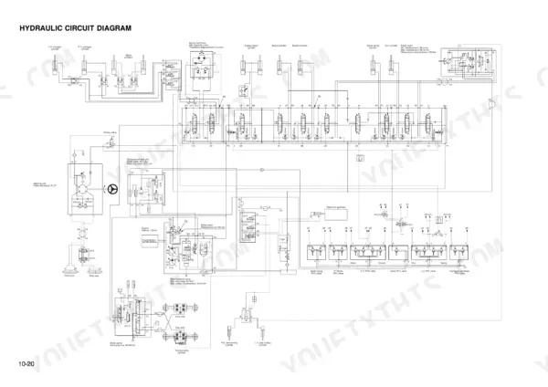 Komatsu PW95-1 hydraulic circuit diagram showing main pump, control valves, cylinders, and steering unit connections.