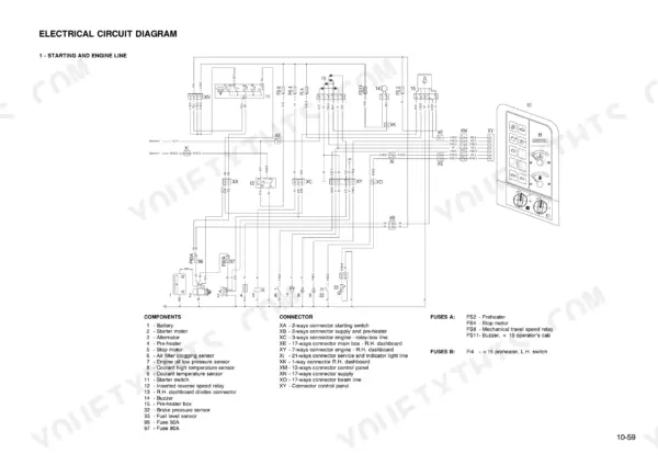 komatsu-pw95-1-hydraulic-excavator-shop-manual-webmpw9500-wiring-77.webp Komatsu PW95-1 electrical circuit diagram for starting and engine line, including component list, connectors, and fuse identification.