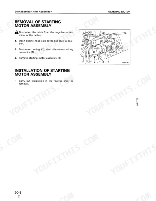 Komatsu WA180-3 starting motor assembly removal and installation procedure with component diagram.