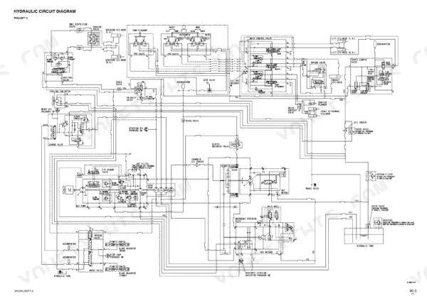 Komatsu WA250-5H, WA250PT-5H hydraulic circuit diagram showing pumps, control valves, cylinders, and accumulators.