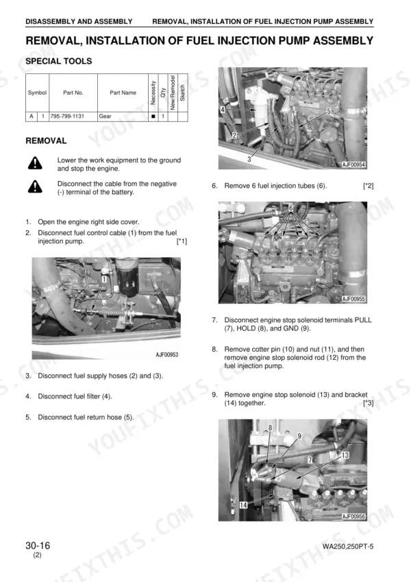 Komatsu WA250-5H, WA250PT-5H fuel injection pump removal procedure with component photos and numbered steps.
