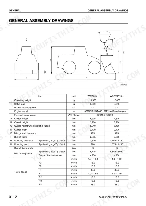 Komatsu WA250-5H, WA250PT-5H general assembly drawing with dimensions and technical specifications table for weight, load, and speed.