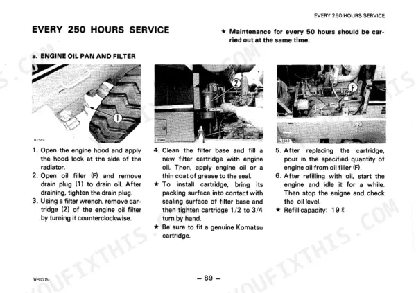komatsu-wa300-1-wheel-loader-operator-manual-seamo4-180105-procedures-90.webp Komatsu WA300-1 engine oil pan and filter replacement procedure with step-by-step instructions and component photos.