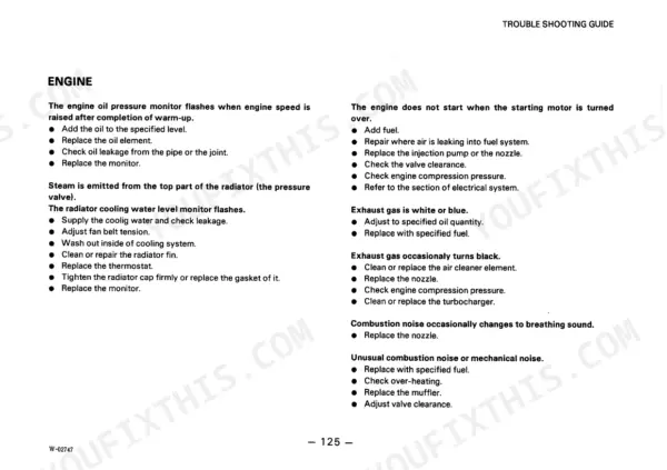 Komatsu WA300-1 engine troubleshooting guide for oil pressure, starting issues, radiator steam, and exhaust smoke problems.