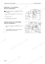 Komatsu WA420-3 starting motor assembly removal and installation procedure with component diagrams.
