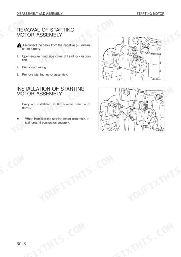Komatsu WA420-3 starting motor assembly removal and installation procedure with component diagrams.
