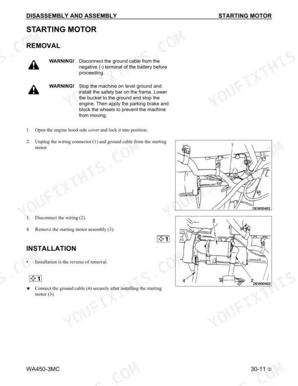Komatsu WA450-3, WA450-3MC starting motor removal and installation procedure with component diagrams and safety warnings.