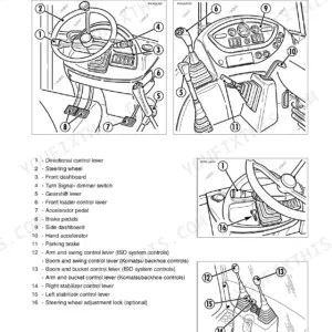 Komatsu WB140-2, WB150-2 cab inside general view diagrams showing steering, dashboard, and backhoe control lever locations.
