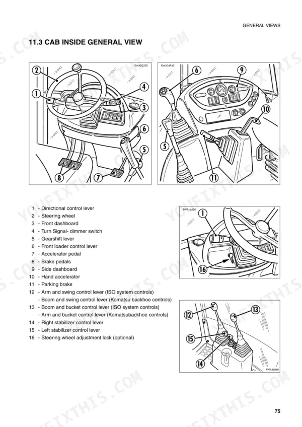 komatsu-wb140-2-wb150-2-backhoe-loader-operator-manual-weam000904-controls-84.webp Komatsu WB140-2, WB150-2 cab inside general view diagrams showing steering, dashboard, and backhoe control lever locations.