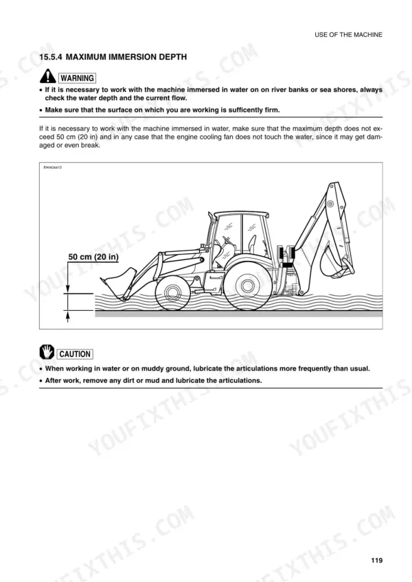 Komatsu WB140-2, WB150-2 diagram showing maximum water immersion depth of 50 cm for backhoe loader operation safety.